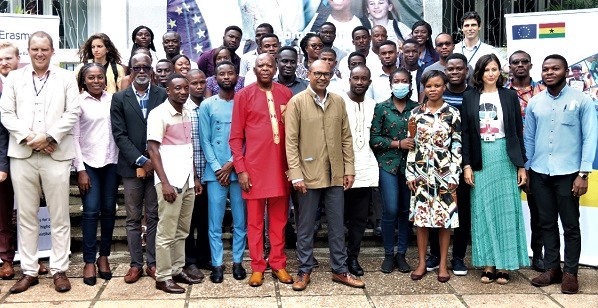 Irchad Razaaly (6th from right), Ambassador, European Union to Ghana, with Imrana Mohamed (3rd from left), Director of Programmes, National Commission for Civic Education; Peter Smith (left), Deputy Head of Delegation, European Union to Ghana, with the beneficiaries of the scholarship programme. Picture: ELVIS NII NOI DOWUONA 